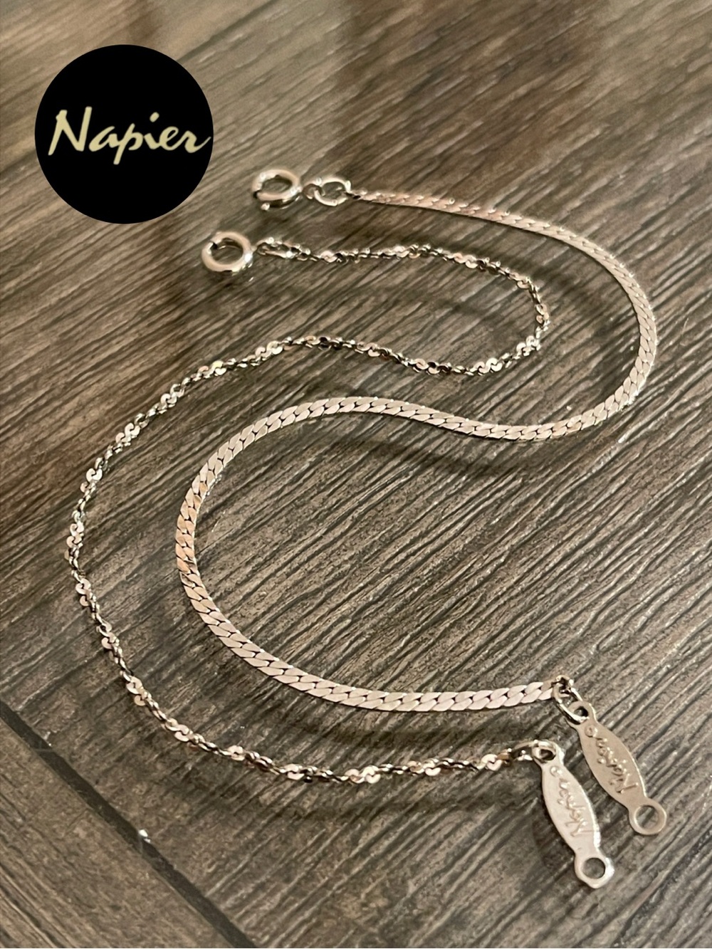 2 Vintage Napier Silver-tone Chain Bracelets, Twisted Rope & Herringbone
